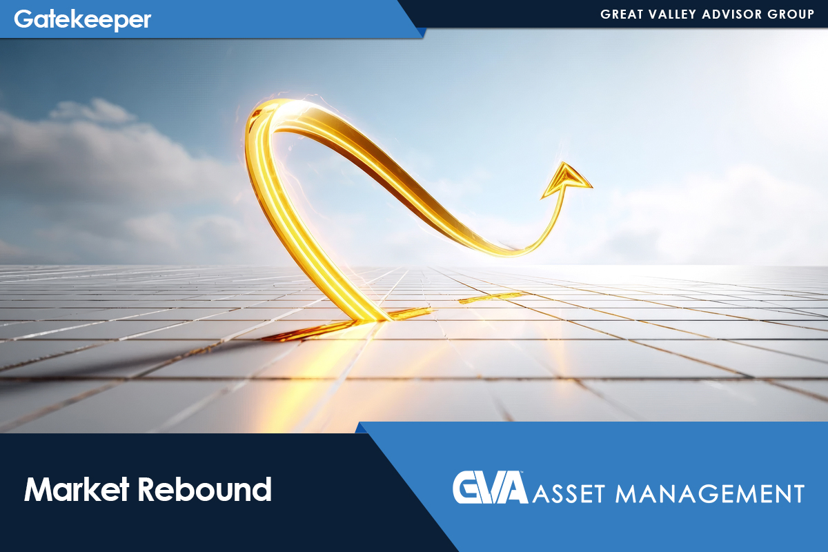 Arrow-shaped, glowing gold arc rising from a grid floor, symbolizing a market rebound;Gatekeeper and GVA Asset Management branding at top and bottom panels.